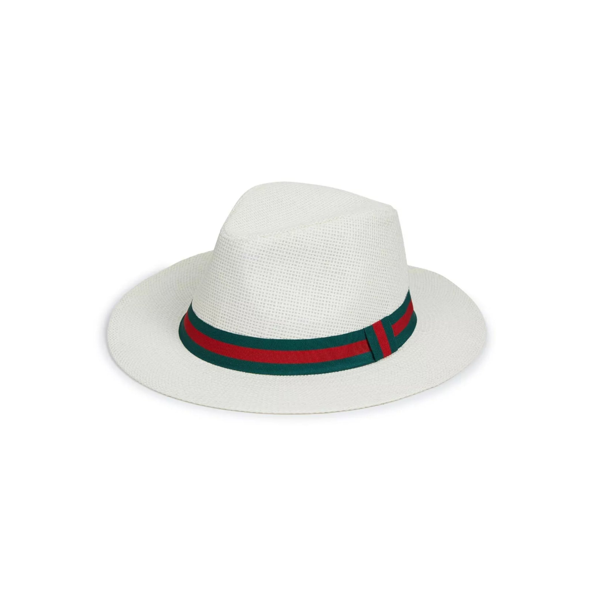 Nicky Adams Countrywear cream Panama style hat with green and red striped ban